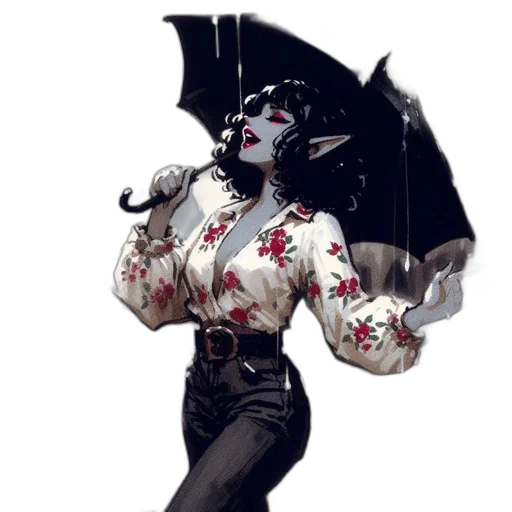 umbrella, dress, comic book art, concept art, fantasy art, pixel art, rain, dark transparent PNG cut-out