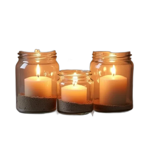 three, glass, jars, lit, candles, inside, placed, tiled transparent PNG cut-out