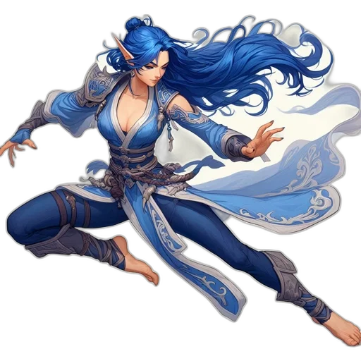 concept art, fantasy art, comic book art, pixel art, blue, woman, striking, hair transparent PNG cut-out