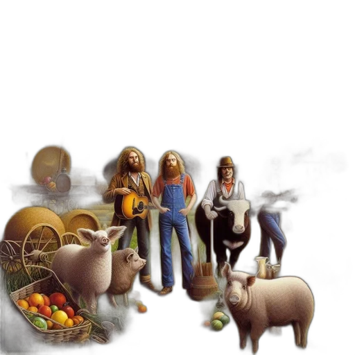 concept art, fantasy art, photorealistic, four, men, surrounded, animals, objects transparent PNG cut-out