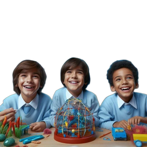 3d render, photorealistic, three, children, blue, uniforms, smile, aquarium transparent PNG cut-out