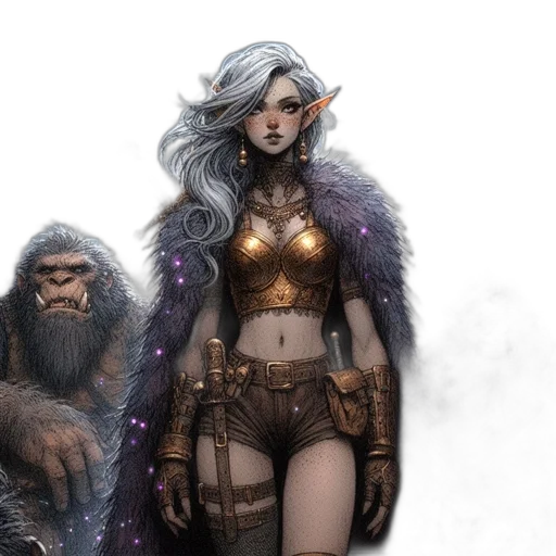 fantasy art, concept art, comic book art, 3d render, dark, earth tones, golden, female transparent PNG cut-out