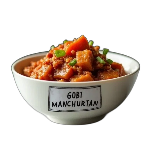 food, photorealistic, 3d render, bowl, label, reads, gobi, manchurian transparent PNG cut-out