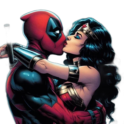 comic book art, deadpool, wonder, woman, share, intimate, moment, cityscape transparent PNG cut-out