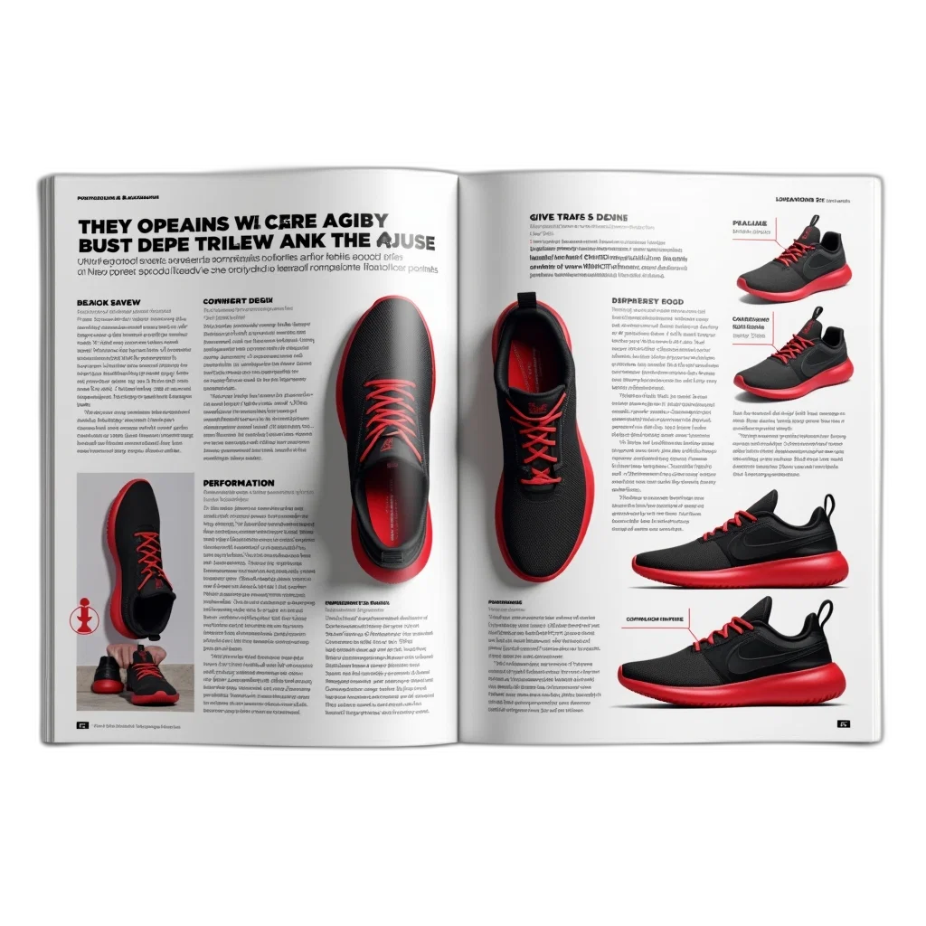shoes, magazine-style, layout, featuring, review, pair, black, red transparent PNG cut-out