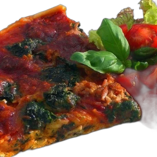 food, 3d render, photorealistic, slice, pizza, spinach, tomato, toppings transparent PNG cut-out