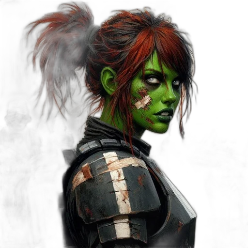 face, concept art, comic book art, fantasy art, cyberpunk, green, green-skinned, woman transparent PNG cut-out