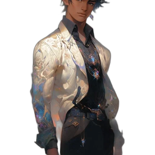 jacket, staff, sword, concept art, fantasy art, pixel art, anime, blue transparent PNG cut-out