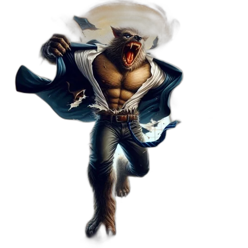 concept art, fantasy art, comic book art, pixel art, dressed, anthropomorphic, wolf-like, creature transparent PNG cut-out