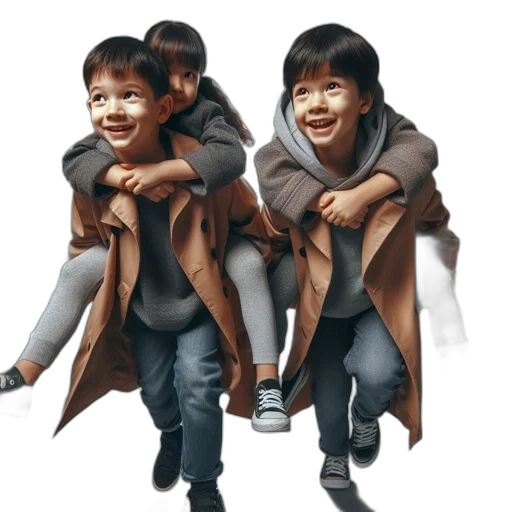 jacket, photorealistic, 3d render, concept art, oil painting, three, children, two transparent PNG cut-out