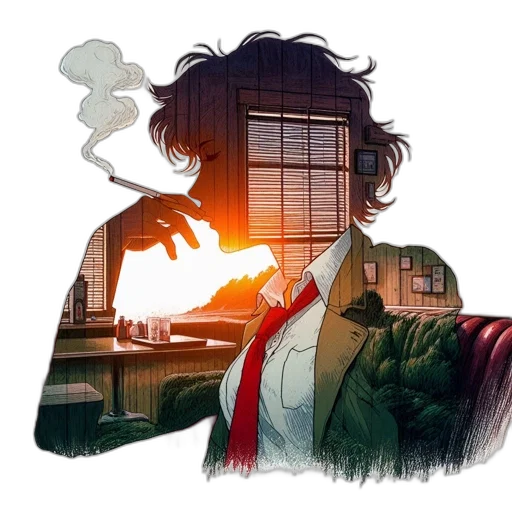 jacket, comic book art, concept art, cyberpunk, cartoon, fire, sunset, fog transparent PNG cut-out