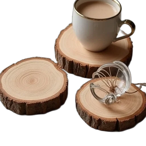 furniture, food, 3d render, earth tones, tree, slice, coasters, twine transparent PNG cut-out