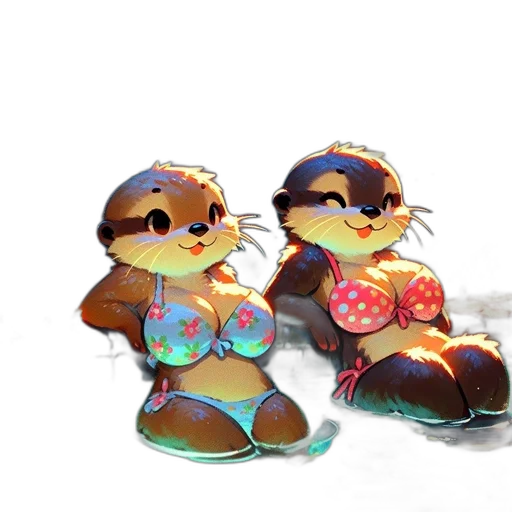 concept art, 3d render, watercolor, cartoon, two, otters, bikinis, relax transparent PNG cut-out