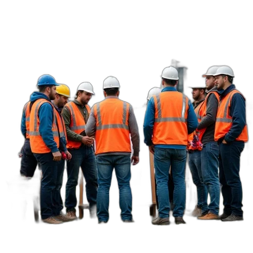 staff, jacket, group, construction, workers, gathered, around, wooden transparent PNG cut-out
