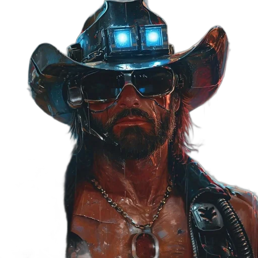 hat, robot, face, jacket, concept art, cyberpunk, photorealistic, comic book art transparent PNG cut-out