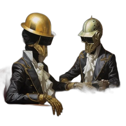 mask, jewelry, staff, robot, concept art, two, figures, steampunk-inspired transparent PNG cut-out