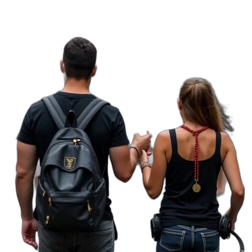 jacket, jewelry, staff, 3d render, man, woman, walking, down transparent PNG cut-out