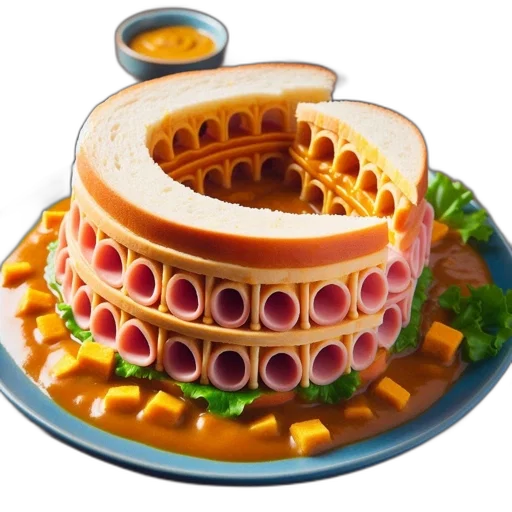 food, jewelry, crown, 3d render, colosseum-shaped, cake, meat, bread transparent PNG cut-out
