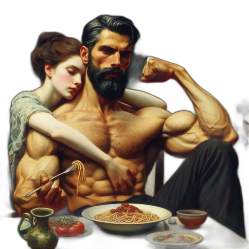 food, photorealistic, oil painting, cyberpunk, fantasy art, fire, muscular, man transparent PNG cut-out