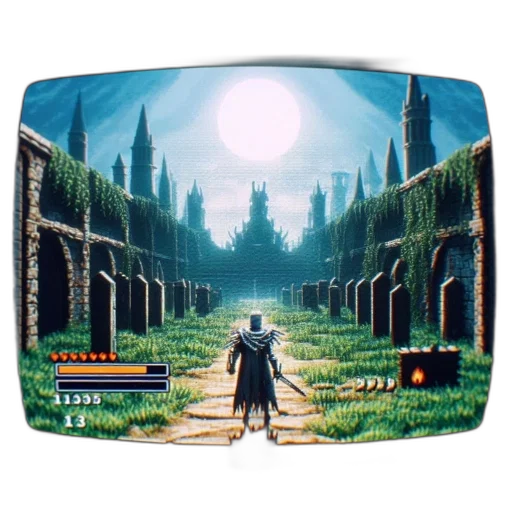 concept art, fantasy art, pixel art, 3d render, sunset, dimly, lit, graveyard transparent PNG cut-out