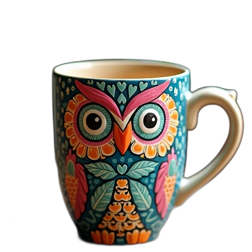 3d render, photorealistic, colorful, owl, pattern, mug transparent PNG cut-out