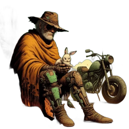 jacket, weapon, comic book art, concept art, fantasy art, cyberpunk, earth tones, golden transparent PNG cut-out