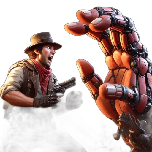 robot, weapon, concept art, comic book art, 3d render, photorealistic, man, cowboy transparent PNG cut-out