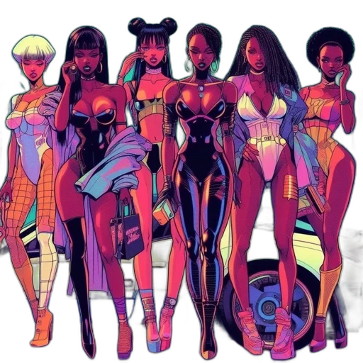 comic book art, concept art, neon, colorful, pastel, dark, six, women transparent PNG cut-out