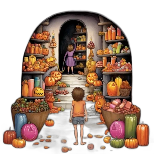 food, concept art, fantasy art, pixel art, photorealistic, city street, inside, halloween-themed transparent PNG cut-out