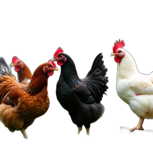 animal, food, photorealistic, 3d render, group, chickens, standing, grassy transparent PNG cut-out