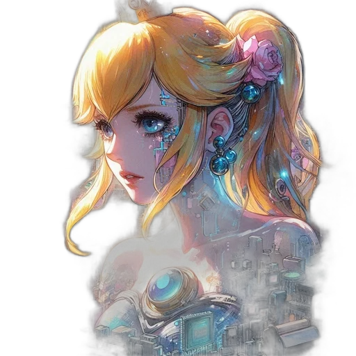 robot, face, dress, crown, concept art, fantasy art, anime, watercolor transparent PNG cut-out