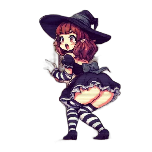 hat, dress, staff, pixel art, fantasy art, anime, watercolor, monochrome transparent PNG cut-out