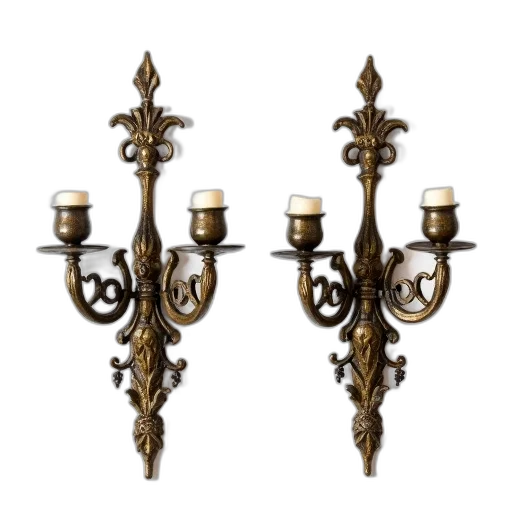 jewelry, 3d render, pair, ornate, antique, bronze, candle, sconces transparent PNG cut-out