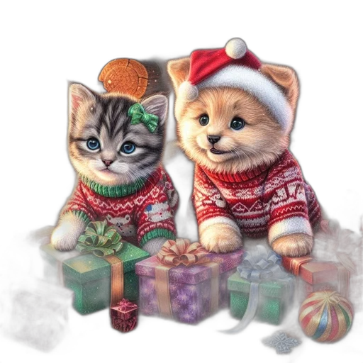 pixel art, photorealistic, concept art, oil painting, snow, two, pets, kitten transparent PNG cut-out