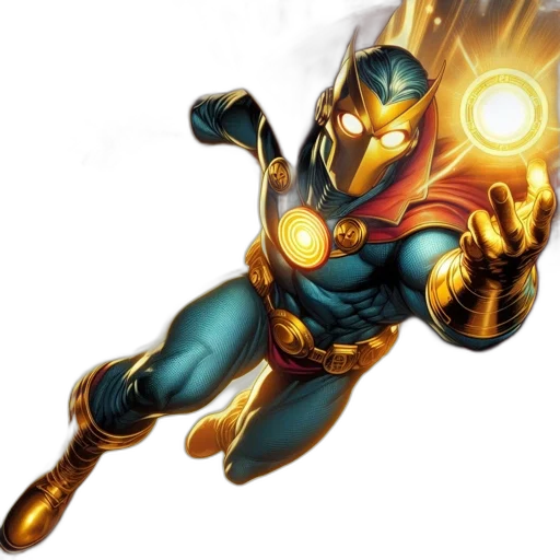 comic book art, concept art, fantasy art, 3d render, golden, image, depicts, blue-costumed transparent PNG cut-out