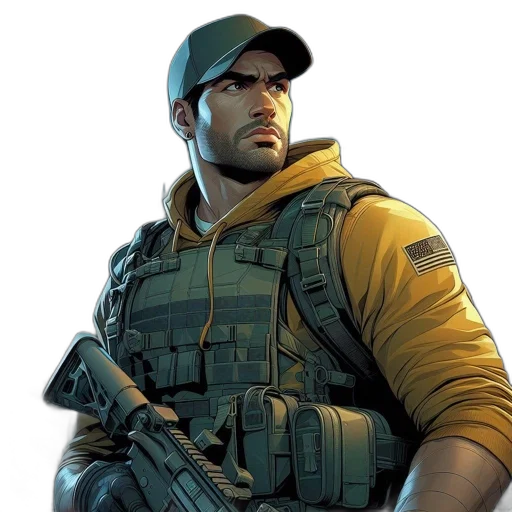 weapon, jacket, face, concept art, comic book art, 3d render, photorealistic, earth tones transparent PNG cut-out