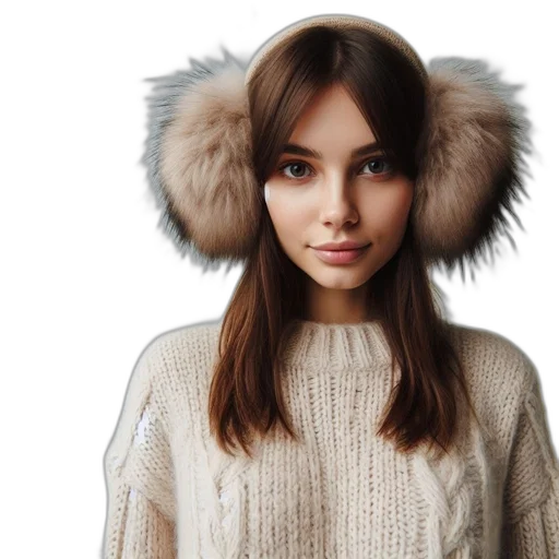 hat, jacket, photorealistic, 3d render, earth tones, young, woman, beige transparent PNG cut-out