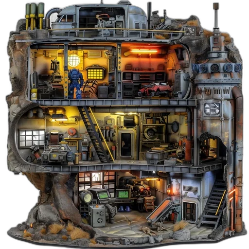 robot, car, building, concept art, 3d render, cyberpunk, outer space, miniature transparent PNG cut-out