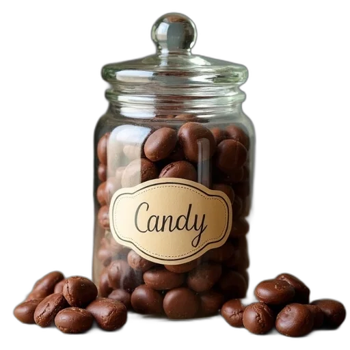 food, 3d render, photorealistic, candy, jar, label, chocolate, candies transparent PNG cut-out