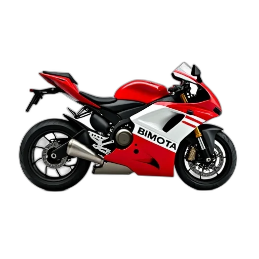 photorealistic, 3d render, concept art, cartoon, red, white, motorcycle, word transparent PNG cut-out