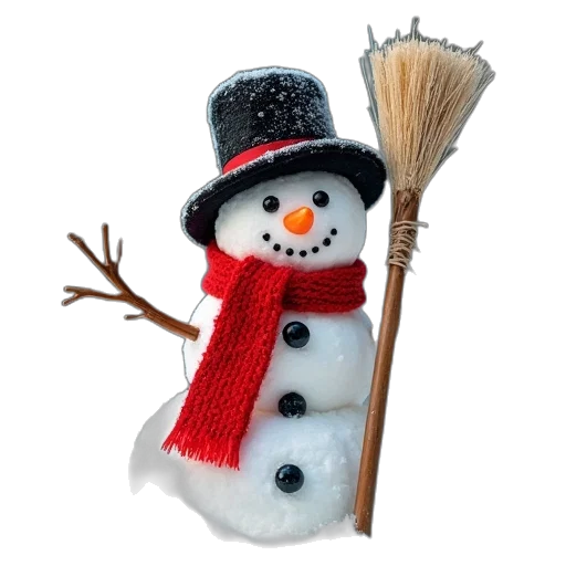 staff, hat, photorealistic, 3d render, snow, toy, snowman, dressed transparent PNG cut-out