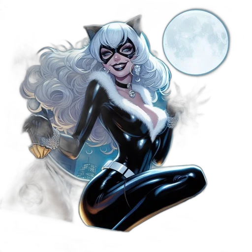 comic book art, concept art, fantasy art, cartoon, woman, silver, hair, cat transparent PNG cut-out