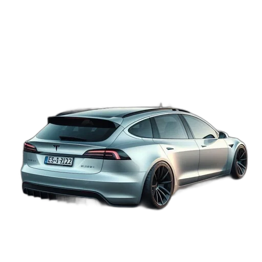 car, 3d render, photorealistic, concept art, silver, tesla, parked, wooden transparent PNG cut-out