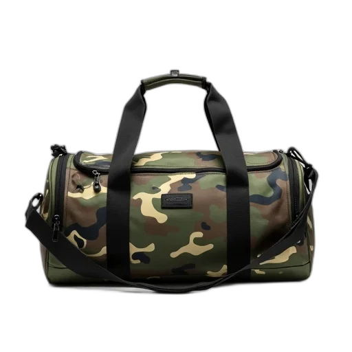 camouflage-patterned, duffel, bag, black, handle, strap, displayed, against transparent PNG cut-out