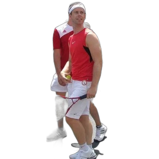 staff, two, men, red, shirts, holding, tennis, rackets transparent PNG cut-out