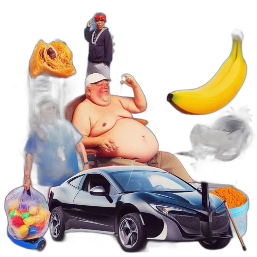 car, food, jacket, concept art, photorealistic, comical, collage, displays transparent PNG cut-out