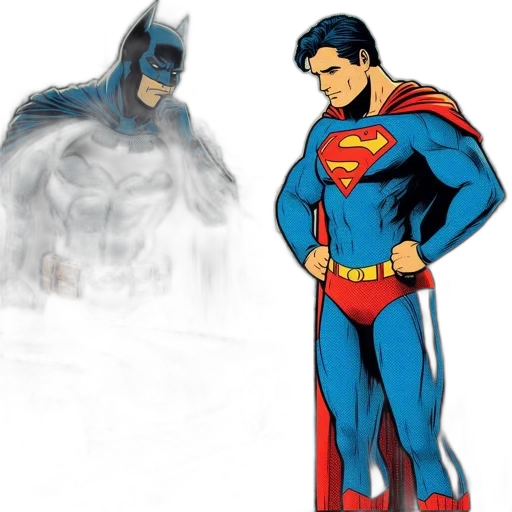 comic book art, concept art, cartoon, 3d render, batman, superman, stand, side-by-side transparent PNG cut-out