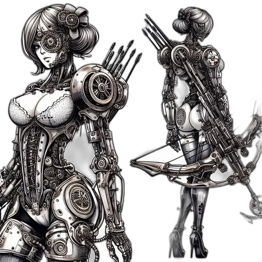 robot, weapon, concept art, cyberpunk, fantasy art, comic book art, monochrome, two transparent PNG cut-out