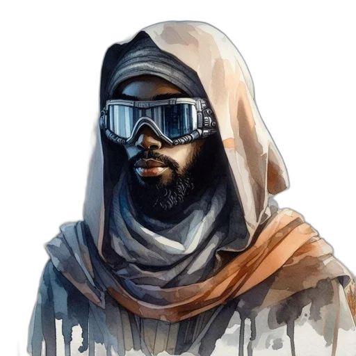 mask, face, staff, jacket, concept art, fantasy art, comic book art, cyberpunk transparent PNG cut-out