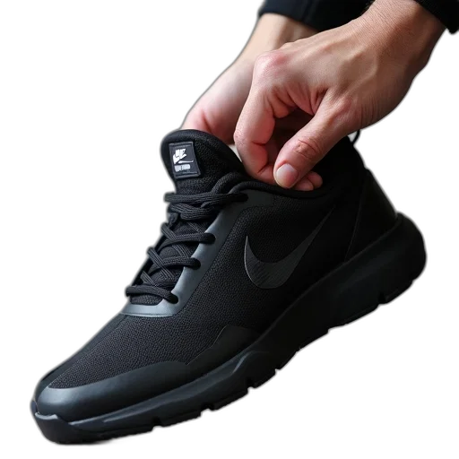 shoes, photorealistic, 3d render, person, hand, holding, black, sneaker transparent PNG cut-out